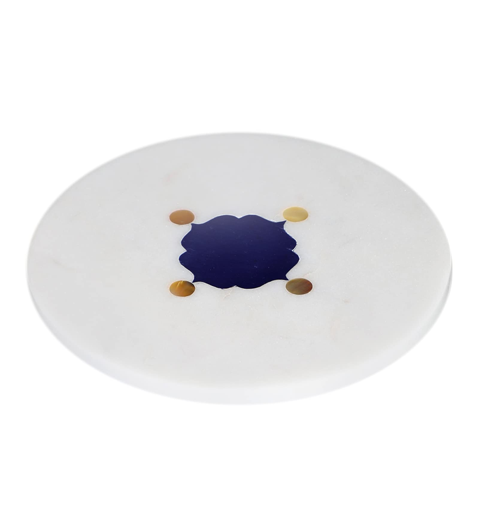 NikkisPride White Marble Trivet Large Size Coaster Semi-Precious Stone Inlay Handwork, Cookie Server 6 inch Diameter Platter