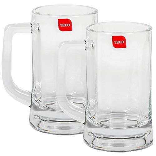 Treo by Milton Munich Cool Glass Beer Mug Set of 2, 359 ml Each, Transparent | Serve Whiskey | Wine | Juice | Mocktail | Cocktail | Drinking Glass with Handle | Dishwasher Safe