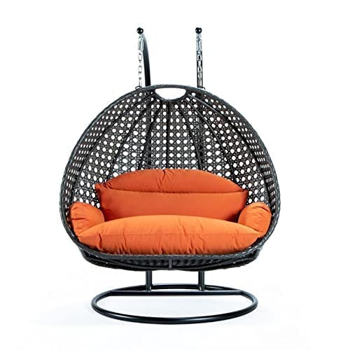 Generic Happy Star Wrought Iron Outdoor Furniture Double Seater Beautiful Swing With Stand (Black Swing With Orange Cushion) - Rattan