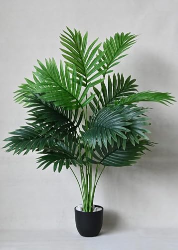 BAARIG Natural Looking 18 Leaves Areca Palm | Ornamental Plant for Interior | Indoor Tropical Plant for Home/Shop/Office Decor/Gifting Artificial Plant with Stylish Black Pot (70 cm, Green)