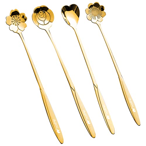 HASTHIP® Golden Spoon Set/Coffee Spoon/Dessert Spoon/Cutlery Kitchen Tableware/Stainless Steel Gold Flower Shape Coffee Spoon with Package Bag, 18cm, 4 Pcs Different Coffee Spoon