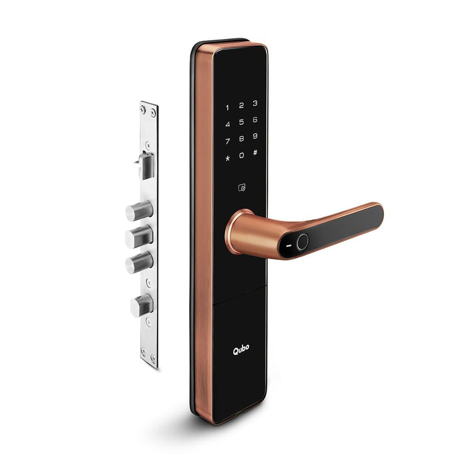 QUBO Smart Door Lock Ultra from Hero Group | 5-Way Unlocking | Fingerprint | Pincode| RFID Access Card | Bluetooth Mobile App | Mechanical Key | OTP Access | 2 Years Brand Warranty | (Copper)