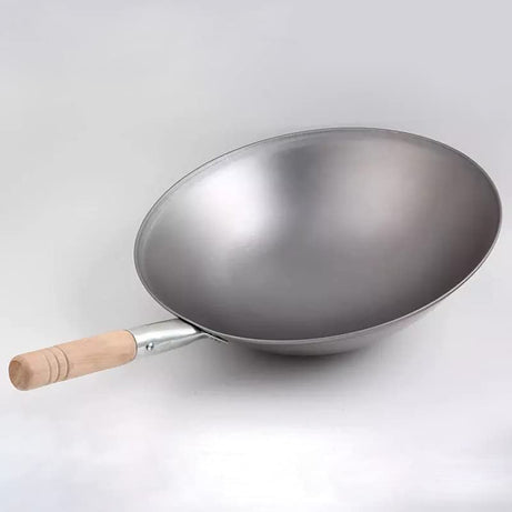 Shoppers Hub PNQ 15 Inches Easy to Carry Light Weighted but Heavy Duty Purpose based Wooden Handle MS Iron Kadhai Chinese Wok for Ideal Use in Hotels, Restaurants, Cafes, Pubs, Cloud Kitchens, Catering and Other Commercial Places (Size - 39cm)