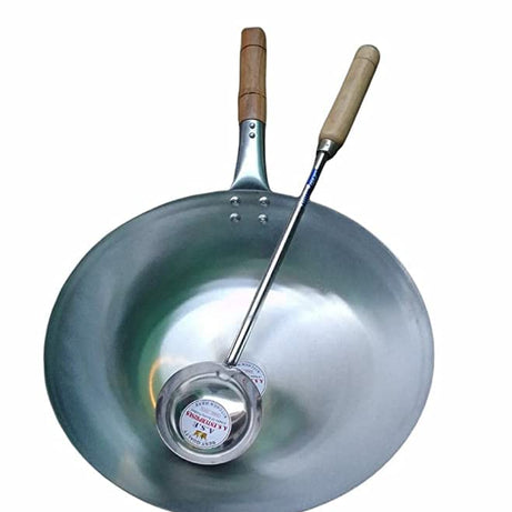 DSOM Iron Kadhai with Wooden Handle(16 inches) | Iron Wok with Wooden Handle & Stainless Steel LADDLE with Wooden Handle