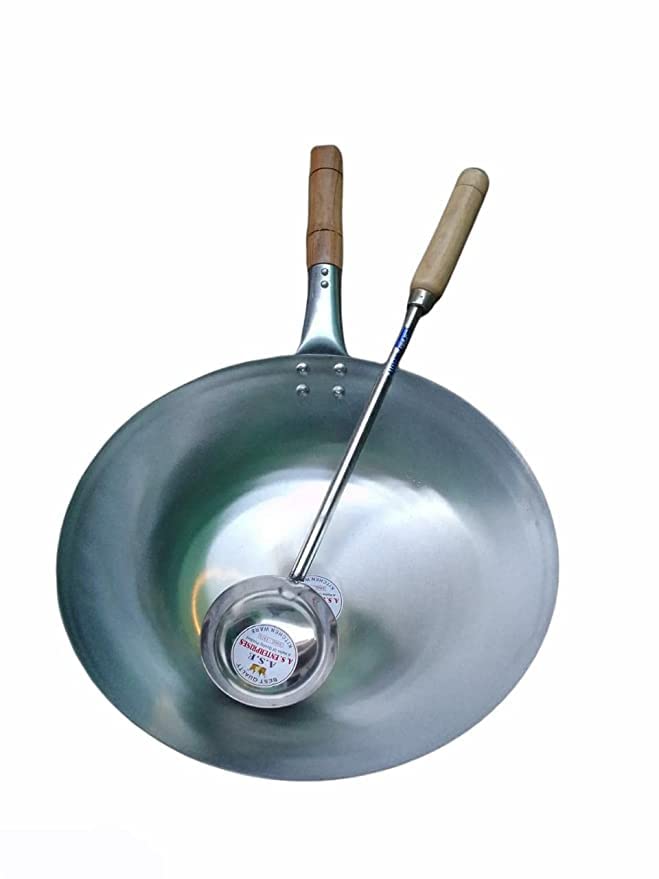 DSOM Iron Kadhai with Wooden Handle(16 inches) | Iron Wok with Wooden Handle & Stainless Steel LADDLE with Wooden Handle