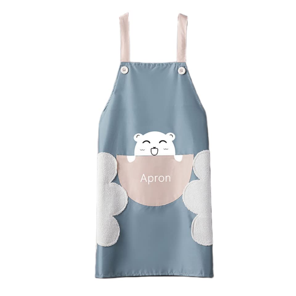 Yindella Kitchen Apron Cute Bear With Center Pocket Hand Towel Women and Men Chef Cooking Cute Unisex Apron Washable PVC Waterproof (Blue)