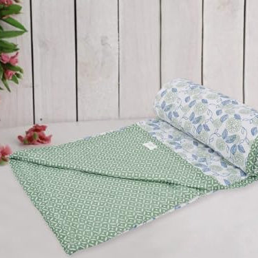 Trance Home Linen Pure Cotton Reversible Dohar Double Bed Size | AC Blanket Comforter | Soft Light-Weight Bed Blanket (84 x 88 inch, Spring Green Blue Leaves, Pack of 1)