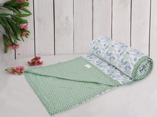 Trance Home Linen Pure Cotton Reversible Dohar Double Bed Size | AC Blanket Comforter | Soft Light-Weight Bed Blanket (84 x 88 inch, Spring Green Blue Leaves, Pack of 1)