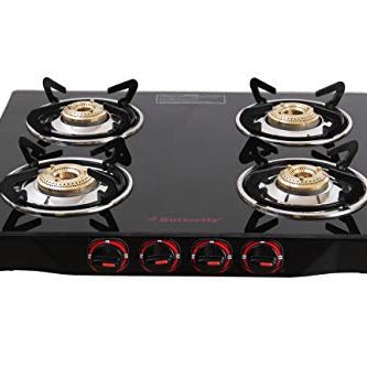 Butterfly Smart Glass 4 Burner Gas Stove, Black, Manual