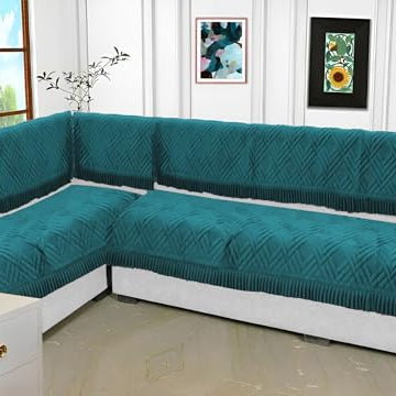 Fashion Throw Sofa Cover, Sofa Cover for Living Room, Sofa Slipcovers, Furniture Cover (Teal with Frill, L-Shape + Back)