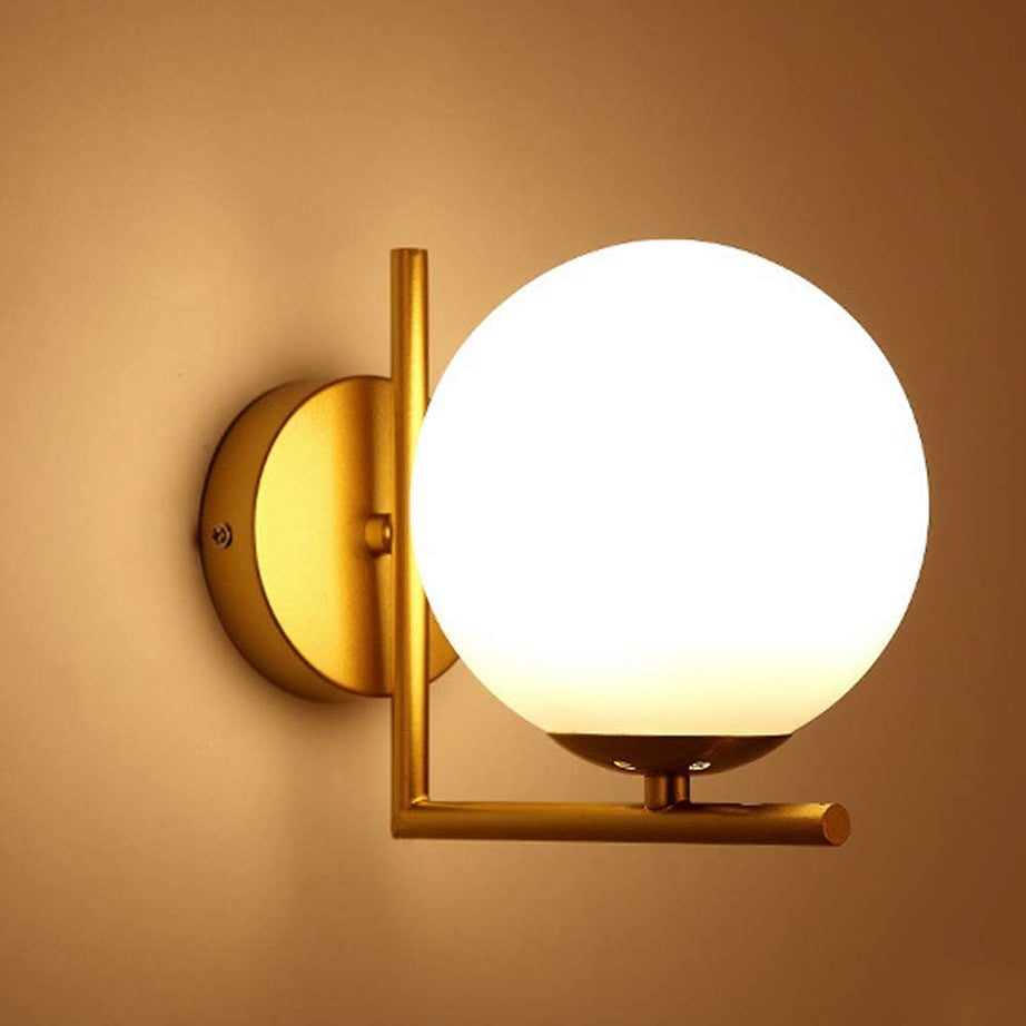 Mukeriya Modern Wall Lamp Iron Glass Globe Lampshade Bedroom Wall Light (Corded Electric,White, Golden)