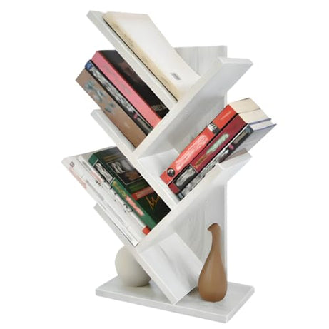 MATTERHORN 5 Tier Tree Bookshelf, 5 Shelf Bookcase, Free Standing Tree Bookcase, Display Floor Standing Shelf for Books, Book Shelf Organizer, for Bedroom Home Office Living Room White Highland Pine