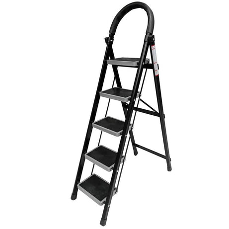 TNT The Next Trend 5 Step Steel Step-Ladder for Home | Heavy Duty Foldable Ladder with Wide Ant-Slip Steps and Anti-Skid Shoes - Black