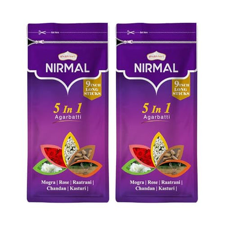 Shubhkart Nirmal 5 in 1 Agarbatti Zipper Pack 150grams for Puja & Meditation - 22.86cm Long Incense Sticks for Puja | Rose, Mogra, Chandan, Kasturi & Raatrani Fragrance | Charcoal Free (Pack of 2)