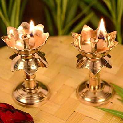 Collectible India Set of 2 Brass Diya for Puja Temple Decoration, Diya for Diwali - Lotus Shape Pillar Diya Stand Oil Lamp for Home Mandir Pooja Articles- Diwali Festive Gifts-3.8 Inch