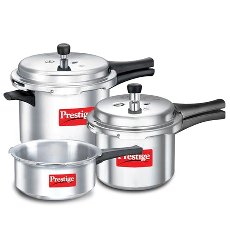 Prestige 2L+3L+5 Litres Popular Max outer lid Aluminium combo Pressure Cooker with 2 lids |Gas & Induction compatible|Pressure Indicator | Gasket-release system