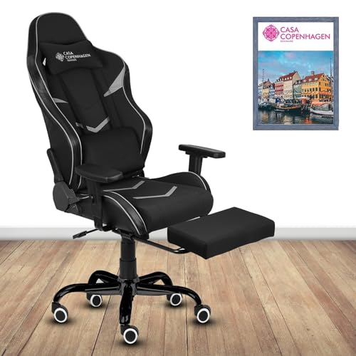 Casa Copenhagen , Designed in Denmark,High-Back Italian Leather Gaming Ergonomic Chair with Footrest, Luxurious Memory Foam Seating & Multi Function Arm- Black & Grey