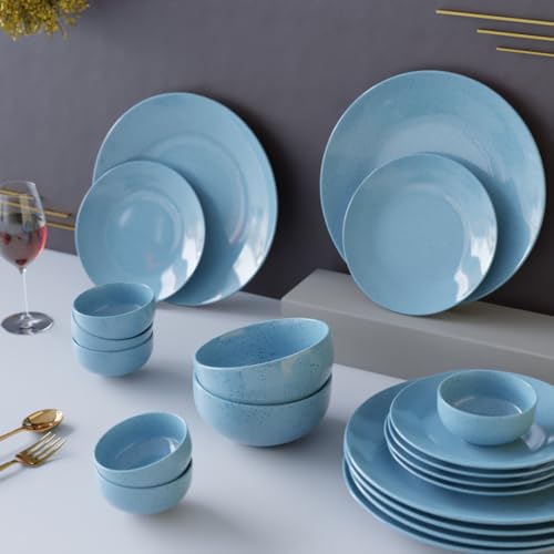 The Earth Store Handcrafted Skyblue Marble 20 Piece Ceramic Dinner Set, 6 Full Dinner Plates, 6 Quarter Plates, 6 Vegetable Bowls, 2 Snack Bowls | Microwave & Dishwasher Safe