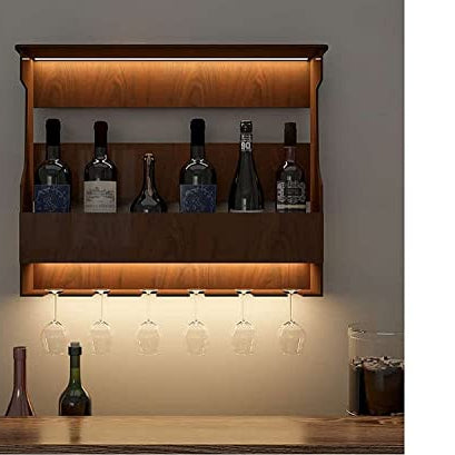 Indigo interiors Jorden Wooden Wall Hanging Design Bar | Bar Cabinets for Home | Mini Bar for Home | Solid Wood Make Wine Storage Cabinet with Glass Hanging Space-Teak Finish