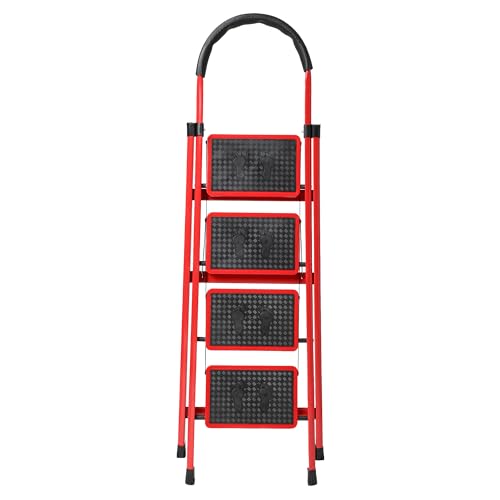 AULKI 4 Steps Ladder | Ladder for Home |Mild Steel | Heavy Duty Foldable Ladder |5 ft. Ladder for Home use | Powder Coted Mild Steel Ladder |Easy to Use | (Red & Black) 4step ladder for office use |