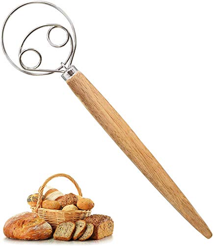 Jubilant Danish Dough Whisk, 13.2IN Double-Loop Dutch Bread Dough Whisk Stainless Steel, Wooden Handle Mixer for Cooking Bread Cake Dessert Pizza Pastry (Whisk)