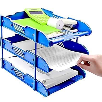 MARGI ENTERPRISE Office Desk Organizer File Tray - 3-Layer Plastic Document Letter Magazine Holder - Blue