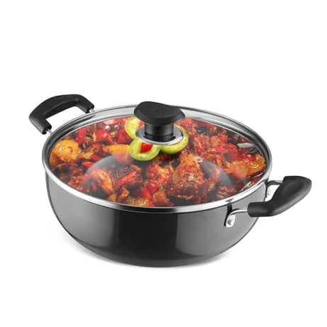 Vinod Cookware Hard Anodised Induction Friendly Kadai with Glass Lid, 4.1 Litres