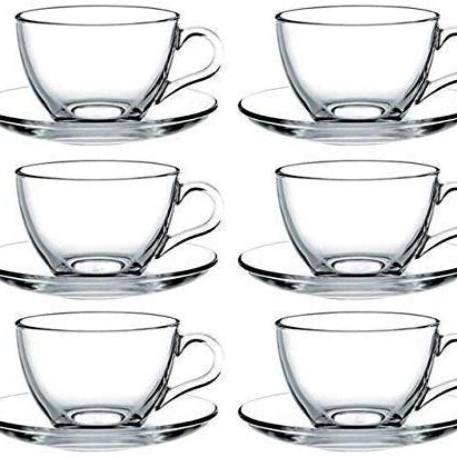 MIRTONICS Classic Glass Tea & Coffee Cup and Saucer Set for Espresso Cappuccino hot Chocolate Green Tea (Clear_Set of 6)