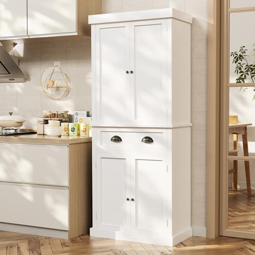 JUMMICO 72" Kitchen Pantry Storage Cabinet, Freestanding Pantry Cupboard with 4 Doors and 4 Adjustable Shelves for Kitchen, Dining Room, Living Room, White