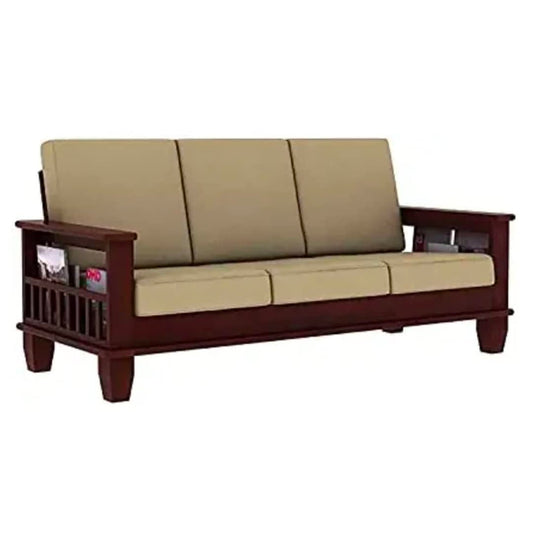 RENEWITURE Wooden 3 Seater Sofa Set for Living Room | Three Seater Sofa with Side Magzine & Newspaper Holder for Office & Lounge | Sheesham Wood, Mahogany Brown