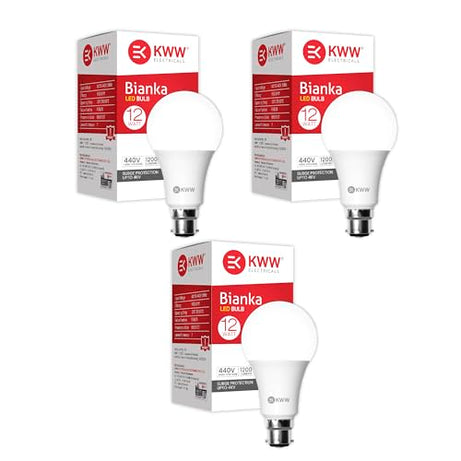 KWW 12W B22 LED Cool Day White LED Bulb, Pack of 3 | Energy-Efficient LED Lighting | Low Power Consumption | Low Electricity Bill | LED Bulb for Bedroom, Home, Kitchen, Bathroom, Washroom, Office