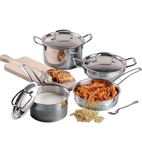 Vinod Cookware Classic Deluxe Stainless Steel Induction Friendly 4 Pcs. Set (16cm Saucepan with Lid, 18cm Sauce Pot with Lid, 20cm Kadai with Lid, 20cm Fry Pan Without Lid)