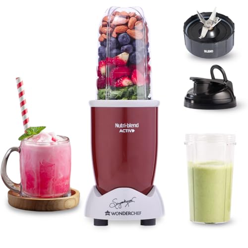 Wonderchef Nutri-blend Activ Mixer Grinder Blender, Smoothie Maker, 500W 22000 RPM 100% Full Copper Motor, 2 Unbreakable Jars, SS Blades, 2 Year Warranty, Recipe book by Chef Sanjeev Kapoor, Red