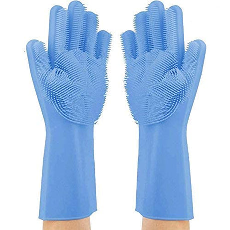 Magic Silicone Dishwashing Cleaning Gloves for kitchen washing with Scrubber for Washing Dish,Kitchen utensil- Blue (2 Pair)