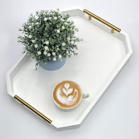 NAMRA ART Serving Tray with Polished Metal Handles, Hexagon Coffee Table Tray, Modern Rectangle Decorative Tray, Large Ottoman Tray, Perfect for Storage and Display (Rectangular,White, 40x25)