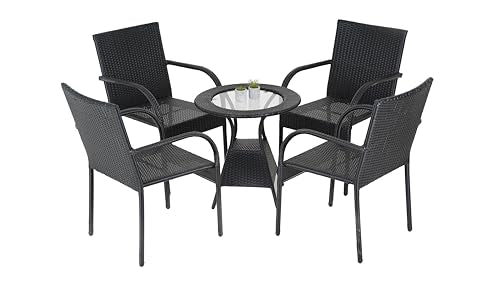 FURNITUSH Rattan Wicker Round Patio Coffee Table with 4 Chairs Garden Outdoor Furniture Set for Home Living Room (Grey)