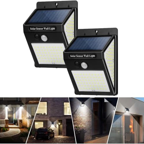 Ashmeo Solar Security Light, 144 LED Solar Motion Sensor Lights Waterproof, Wireless Solar Powered Wall Lights Outside, 270°Wide Angle with 3 Modes for Garden Fence Door Yard Garage Pathway (2 Pack)