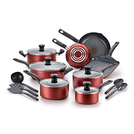 T-fal A777SI64 Initiatives Nonstick Inside and Out Dishwasher Safe 18-Piece Cookware Set, Red