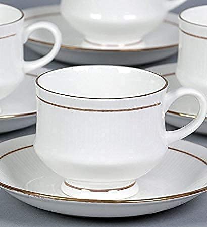 Unique SS Bone China Cup and Saucer with Elegant Golden Line - Set of 12 (6 Plates and 6 Cups) White (6 Plates and 6 Cups) 140 ML, Microwave & Dishwasher Safe