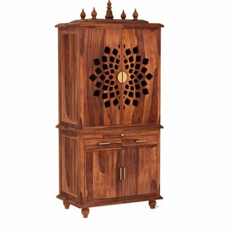 REKHA ART AND CRAFT Solid Sheesham Wood Temple for Home | Temple for Pooja Room with extra Storage Space | Floor Mount Temple for Hallway | Honey Finish