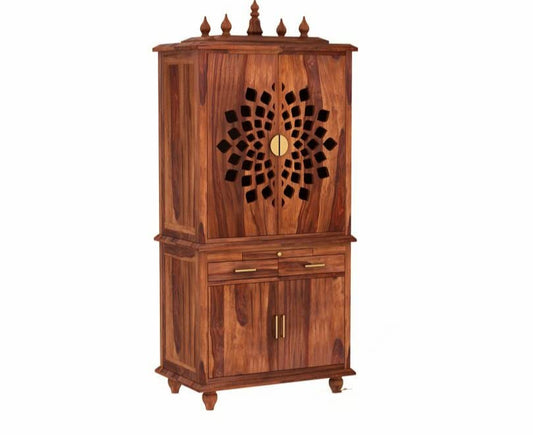 REKHA ART AND CRAFT Solid Sheesham Wood Temple for Home | Temple for Pooja Room with extra Storage Space | Floor Mount Temple for Hallway | Honey Finish