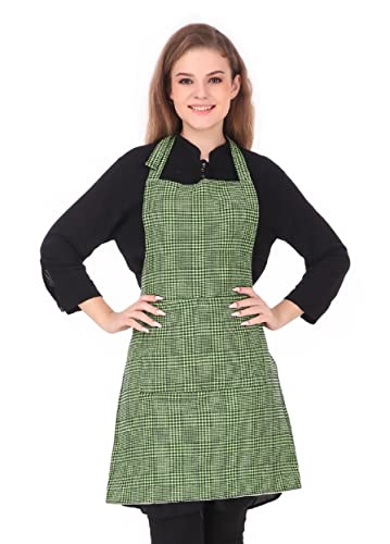 GLUN® Waterproof Unisex Kitchen Apron with Center Pocket and Adjustable Neck Belt with Metal Buckle (PACK OF 1) (Green Check)