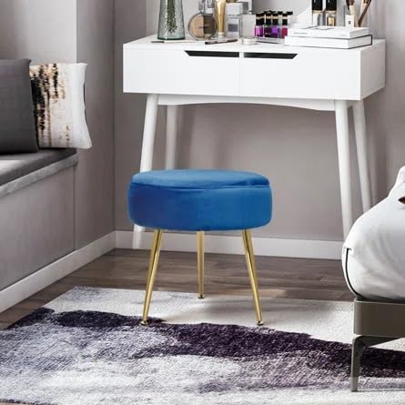 Dence Store Round Velvet Footrest Stool Ottoman Modern Upholstered Foot Stool with Golden Metal Leg for Dressing Table Living Room Bedroom-Blue