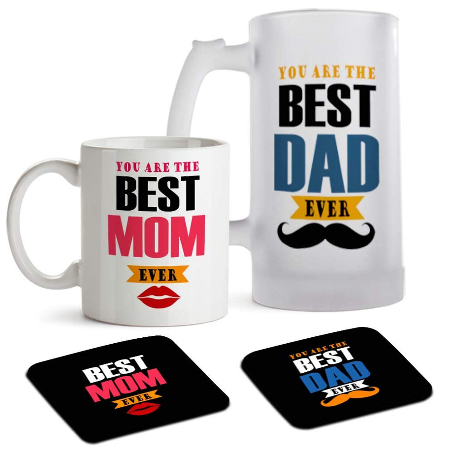 FirseBUY Gift for Mom and Dad - You are The Best Dad Ever Beer Mug and You are The Best Mom Ever Coffee Mug with 2 Coasters