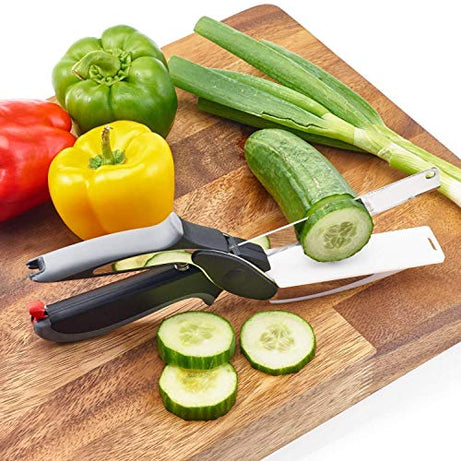 Suvarna 2-in-1 18/10 Steel Smart Clever Cutter Kitchen Knife Food Chopper and in Built Mini Chopping Board with Locking Hinge; with Spring Action; Stainless Steel Blade