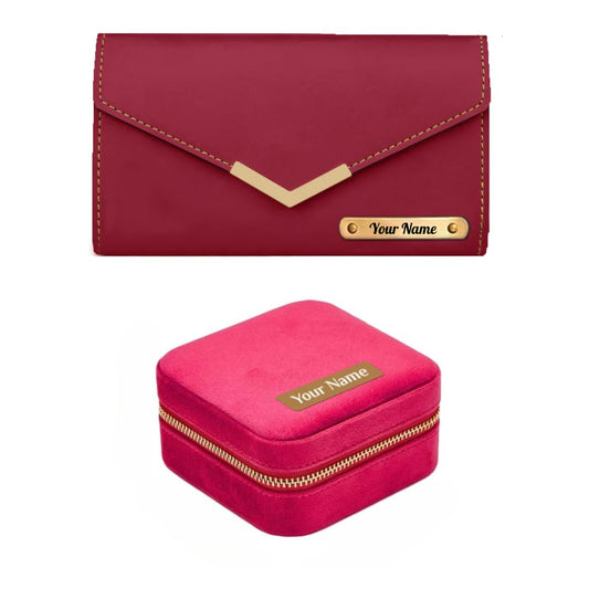 Giftana Personalized Jewellery Storage Box with Ladies Wallet for Girls, 2 in 1 Customized Pink Velvet Jewellery Box, Maroon Leather Women Wallet Gift Set for Her, Birthday Gift, Rakhi Gift for Sister