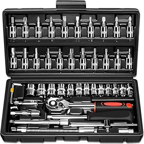 SHANIX IMPEX™ 46 in 1 Pcs Combination Wrench Set/Socket for Car&Bike Repairing Hand Tool Long Handle Kit 46pcs Combo Tools Repair 1/4" Ratchet Torque Box for Spanner Force Kit