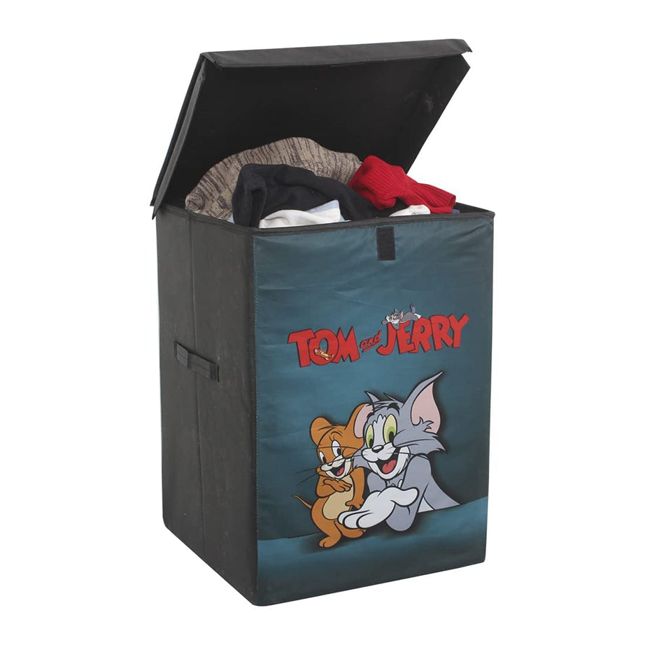 PrettyKrafts 75 L Non Woven Tom & Jerry Rectangular Foldable Large Laundry Bag/Basket With Lid & Handle, Freestanding Cloth Storage Organizer for Bedroom (36x36x53cm, Multicolor, Set of 1)