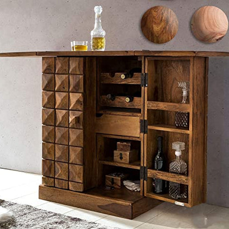 Decorworlds Solid Sheesham Wood Bar Cabinet with Wine Glass Storage for Home Living Room Bedroom Cocktail Wine Rack Wooden Furniture (Walnut Brown Finish)