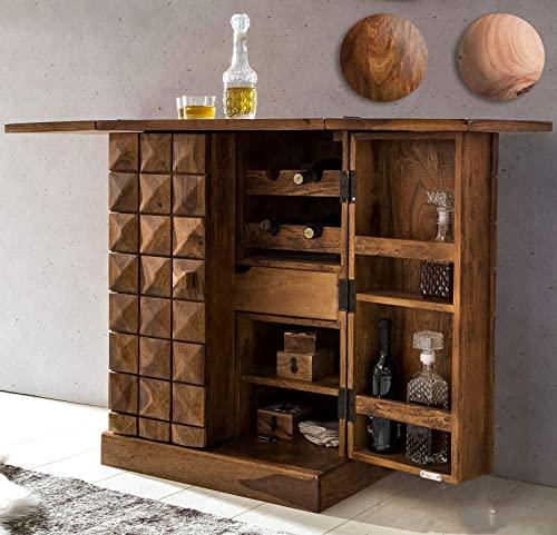 Decorworlds Solid Sheesham Wood Bar Cabinet with Wine Glass Storage for Home Living Room Bedroom Cocktail Wine Rack Wooden Furniture (Walnut Brown Finish)